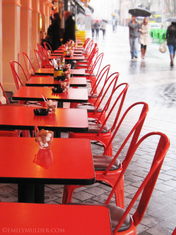 Red Chairs, Rainy Day. Somewhere in South Kensington, London
