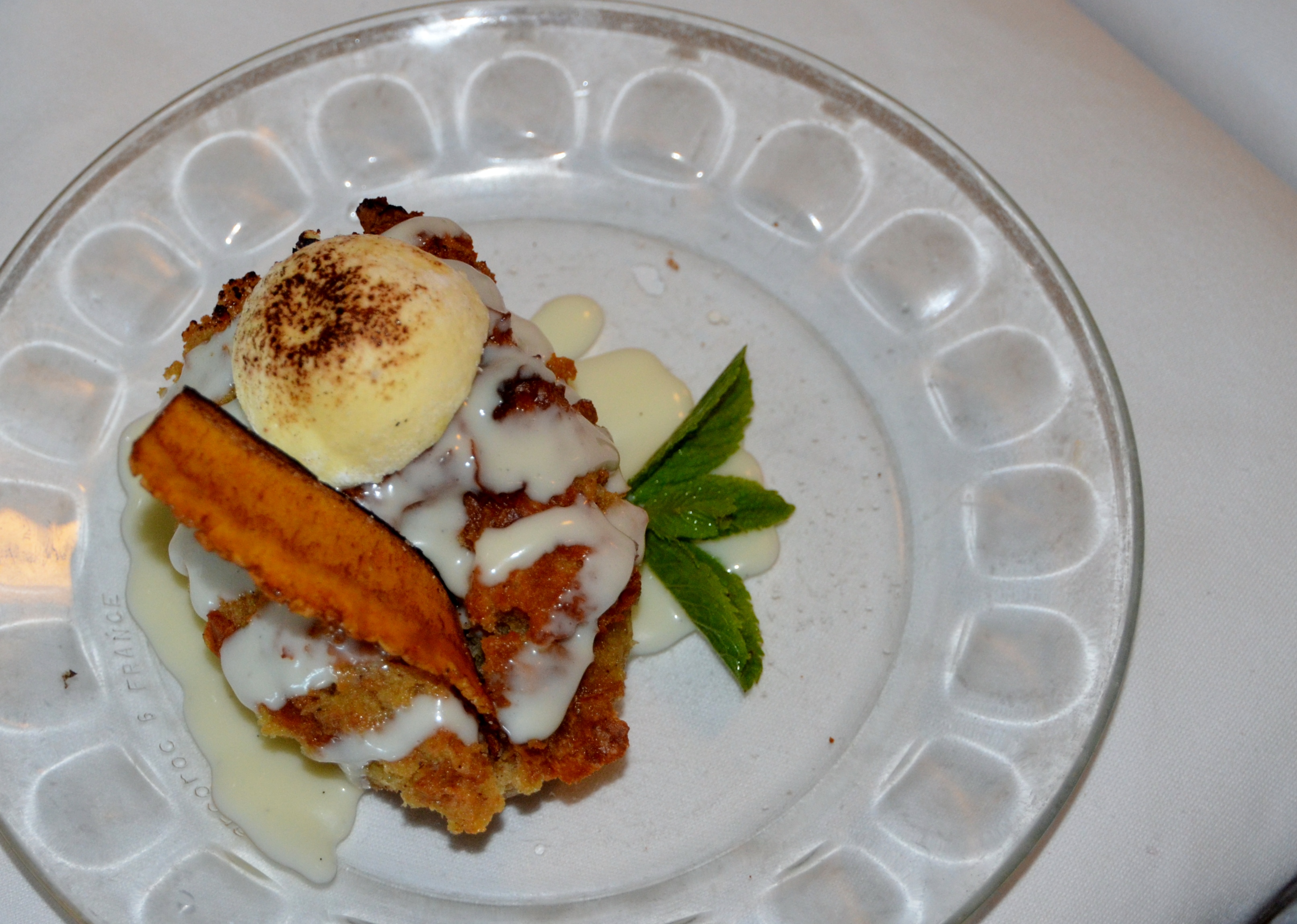 Bananas Foster bread pudding with a Bourbon cream
