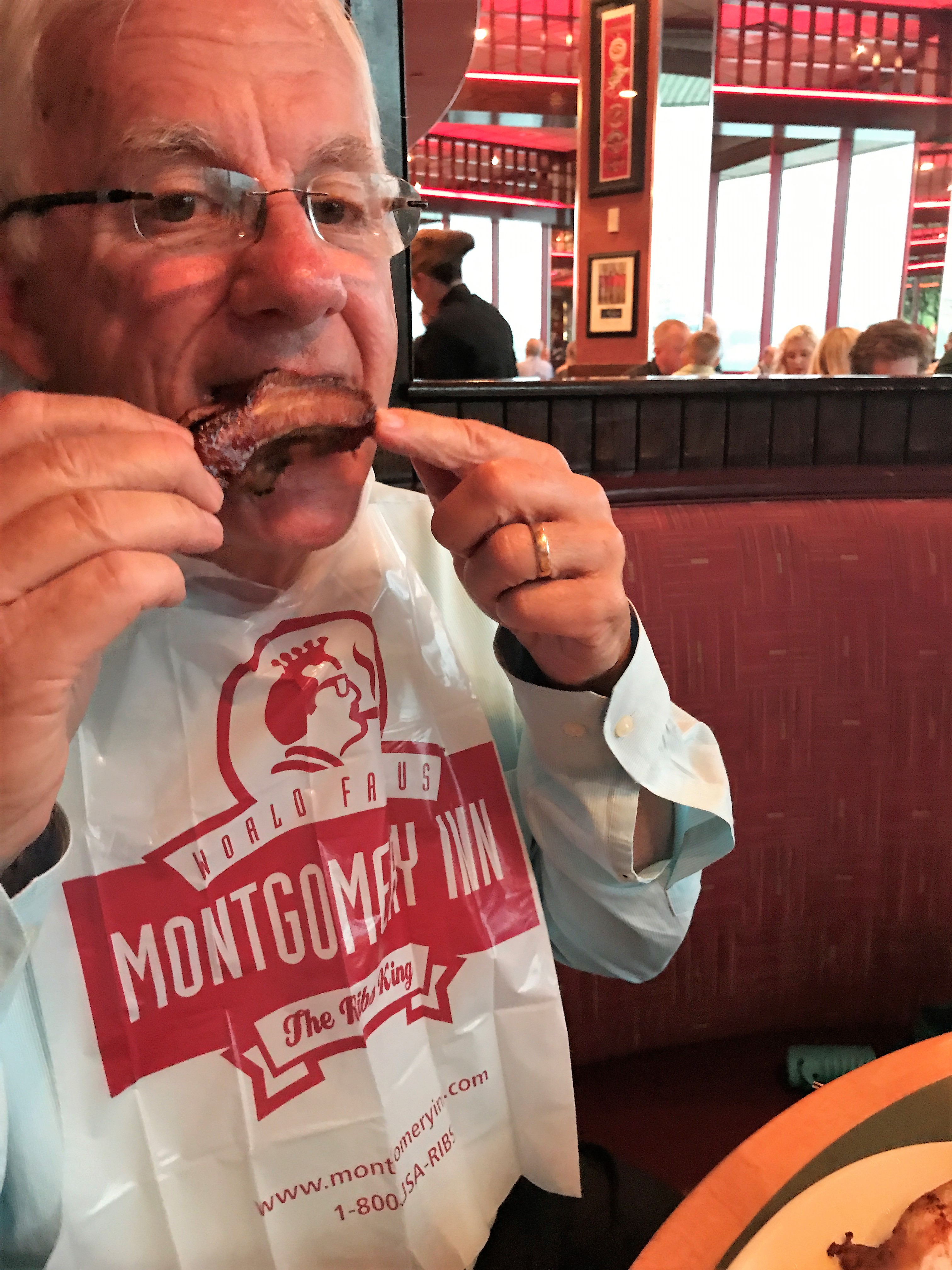 Enjoying the saucy ribs at Montgomery Inn Boathouse