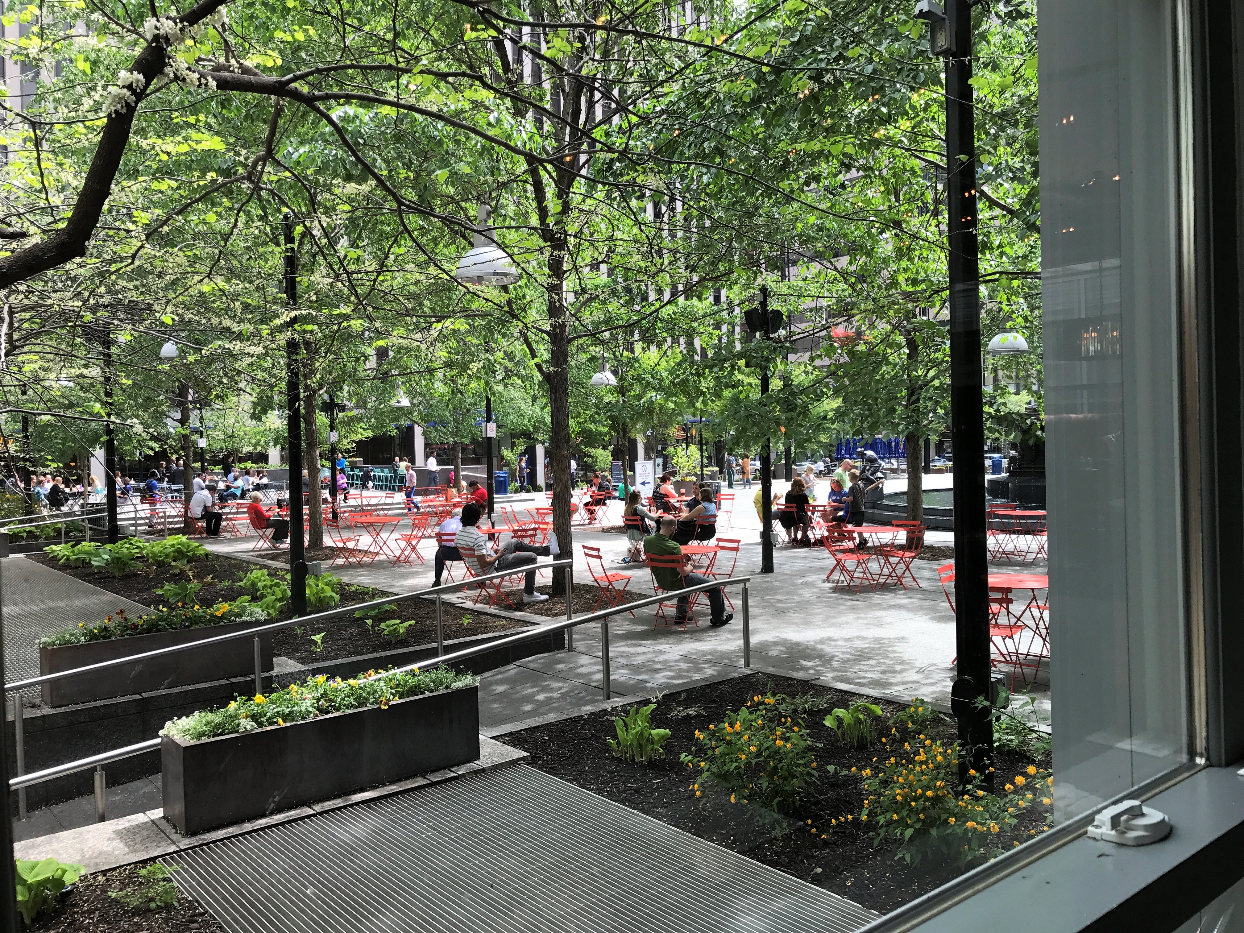 Looking out the windows of Via Vite onto Fountain Square Cincinnati