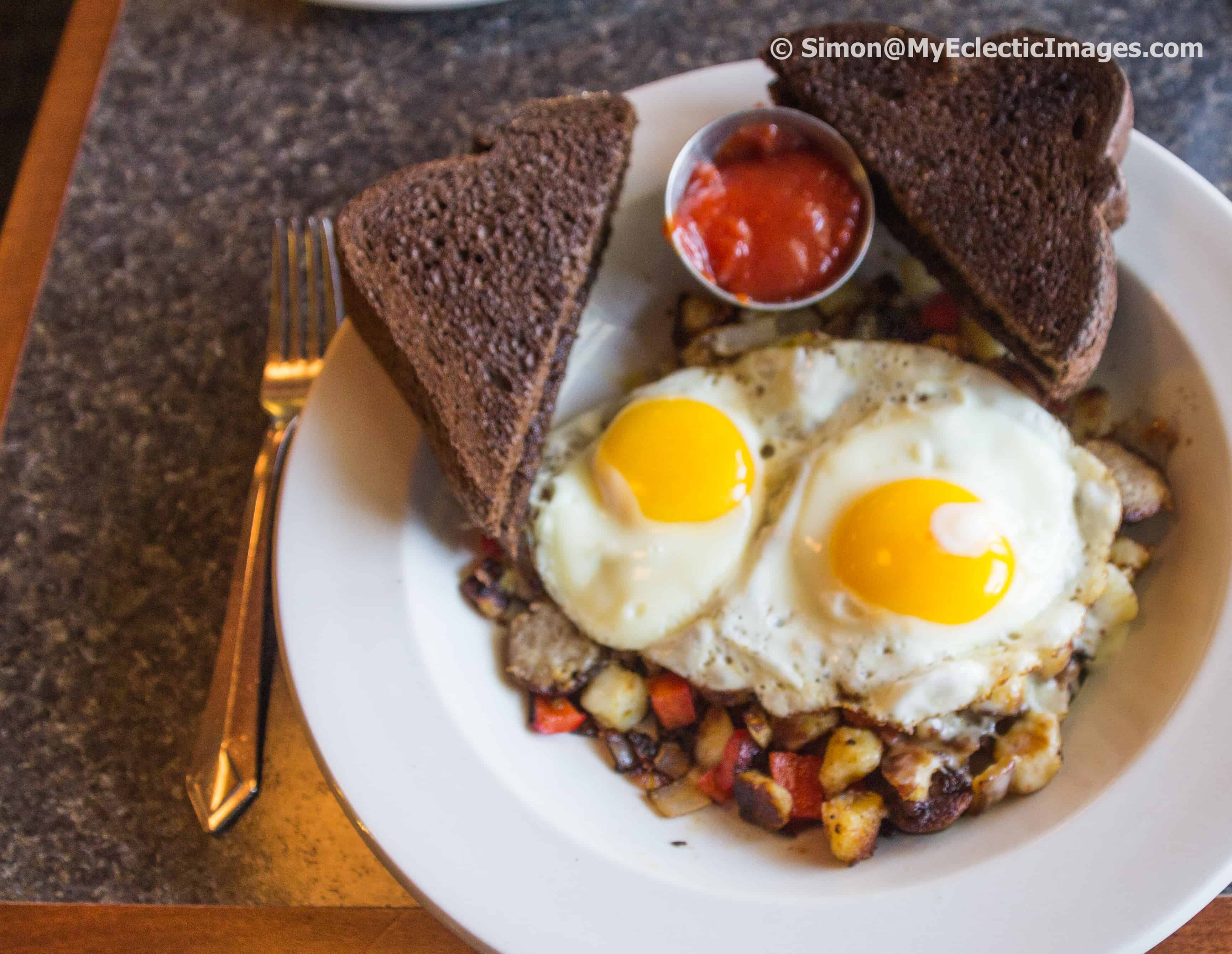 Fried Eggs and Home Fries Served at the Harbor Hotel in Watkins Glen, NY