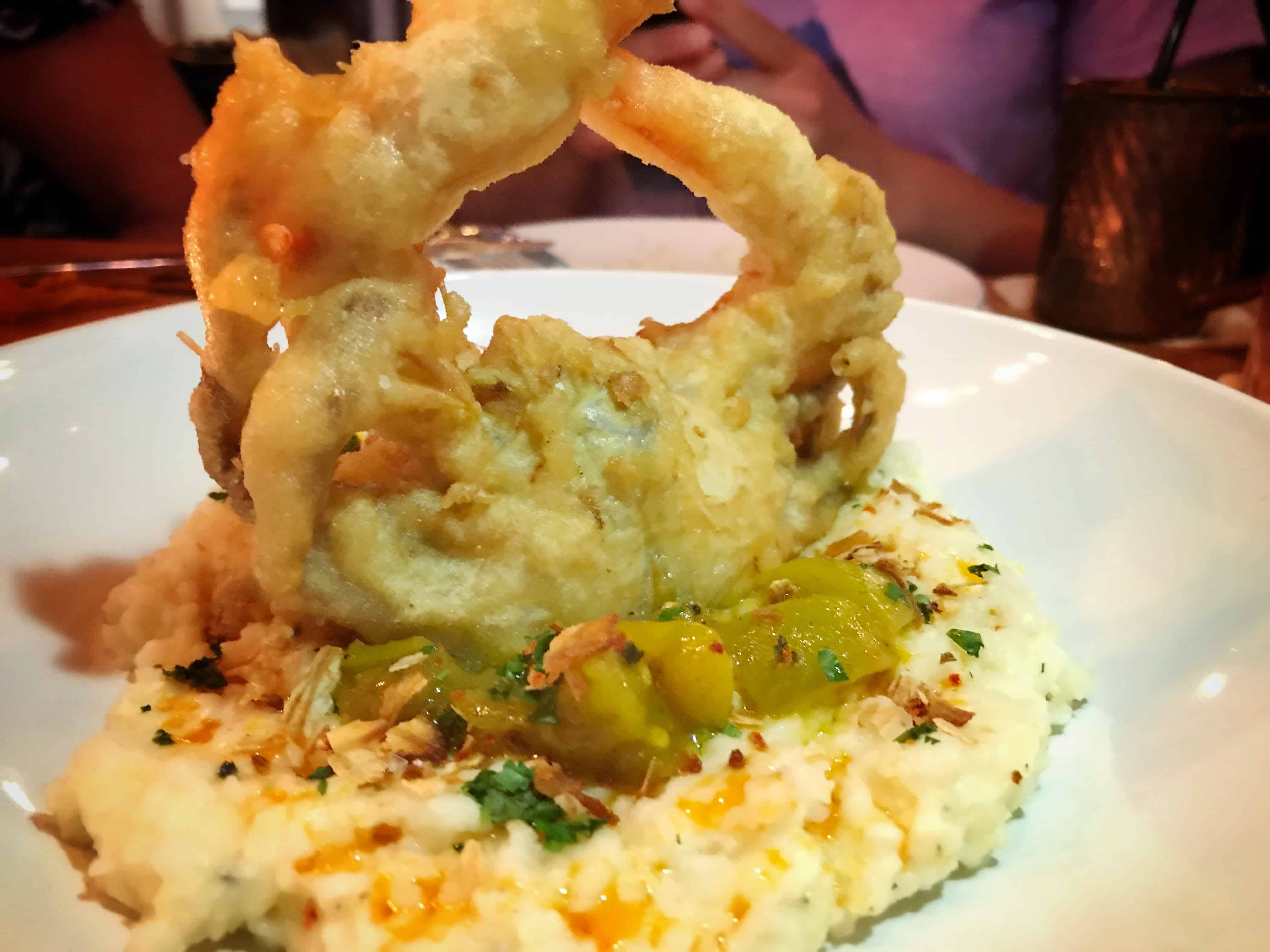 Fried Softshell Crab and grits at Calla