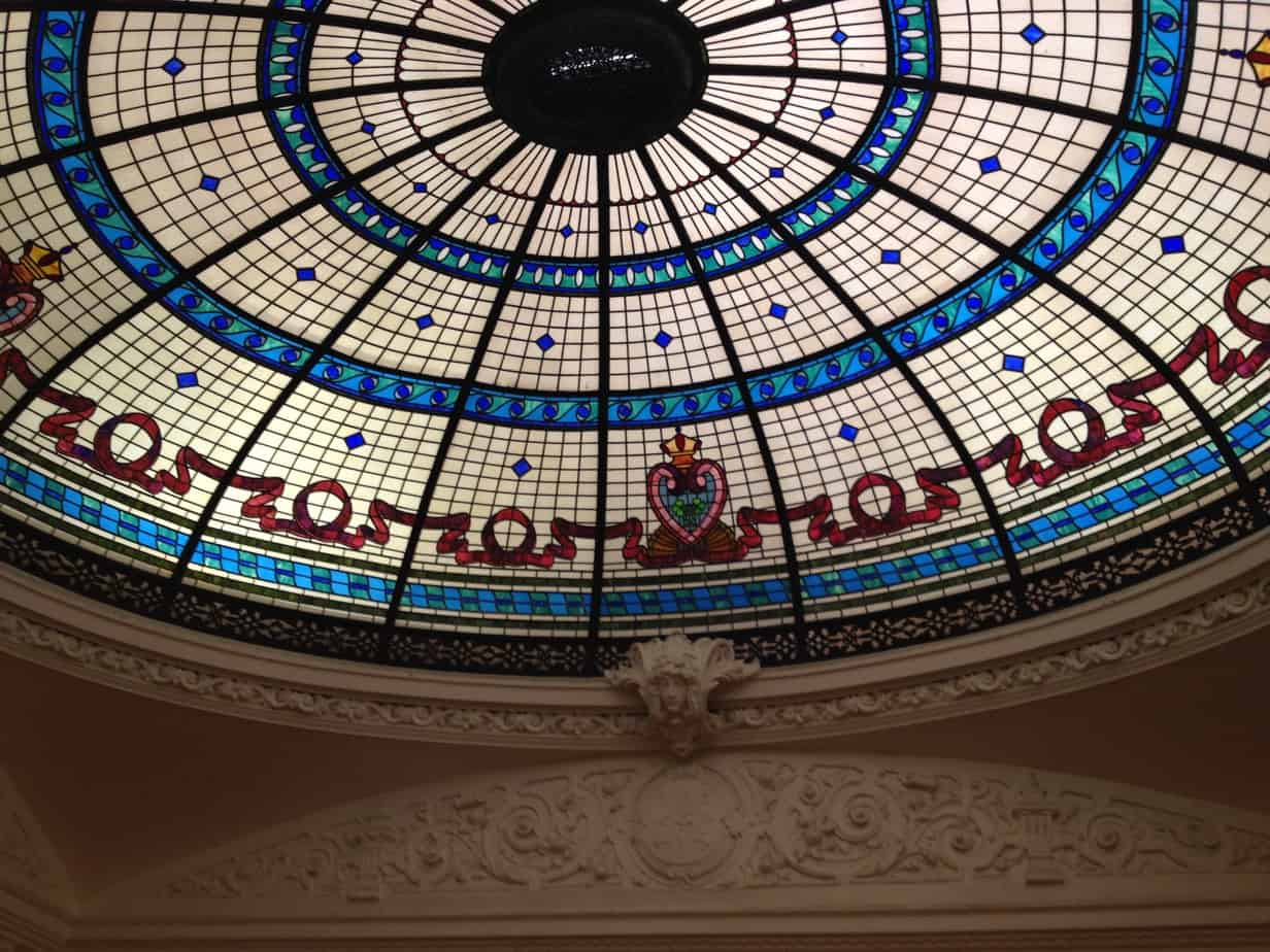Boldt Castle Foyer stained glass ceiling above entry staircase