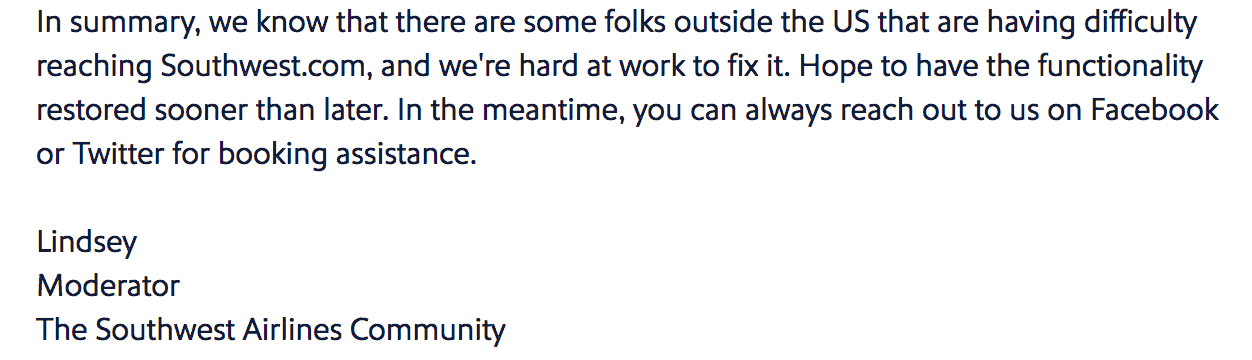 Southwest Customer Service Response