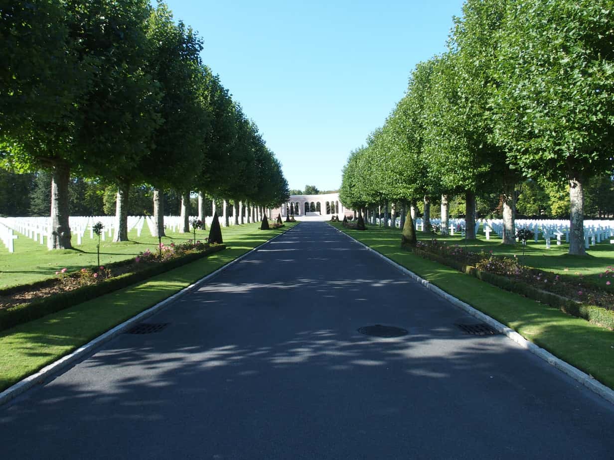 Shaded path to the chapel and memorial at the Oise-Aisne American Cemetery
